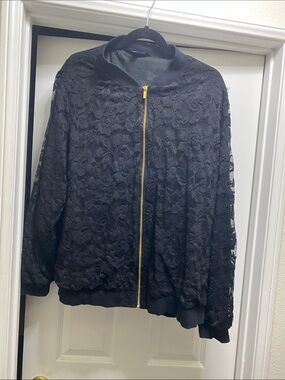 Lace Overlay Black Bomber Jacket with Gold Zipper